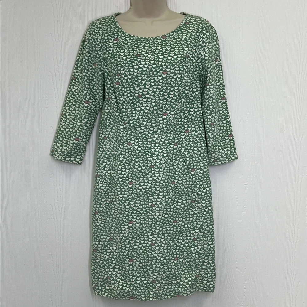 Boden - Hannah Corduroy Quarter Sleeve Green And Pink Bird Print Midi Dress 4R